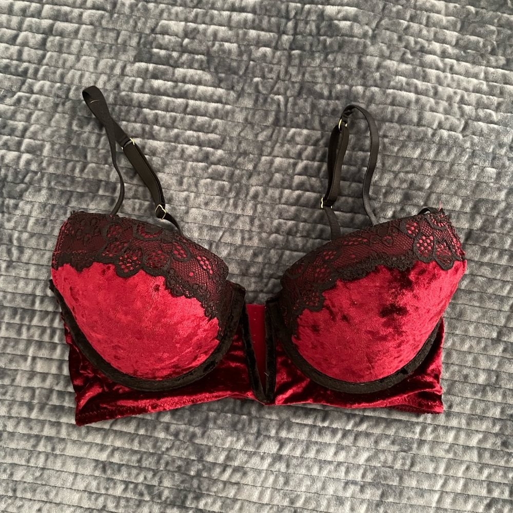 Velvet Lace Bra - Red & Black Size 32D